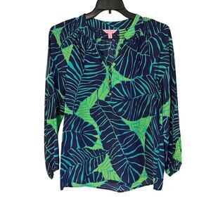 Lilly Pulitzer Elsa Top Womens Size M Leaf Print Navy & Green 100% Silk Long Sle